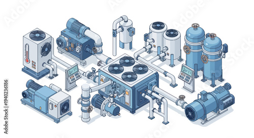 Industrial water treatment and cooling system isometric illustration.