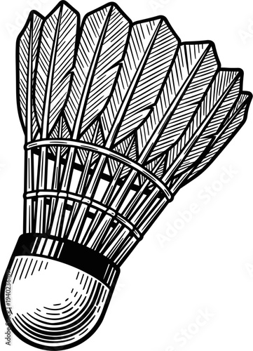 Black and White Shuttlecock Illustration Badminton Sport Equipment Detail Drawing