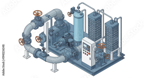 Industrial water treatment plant isometric illustration.