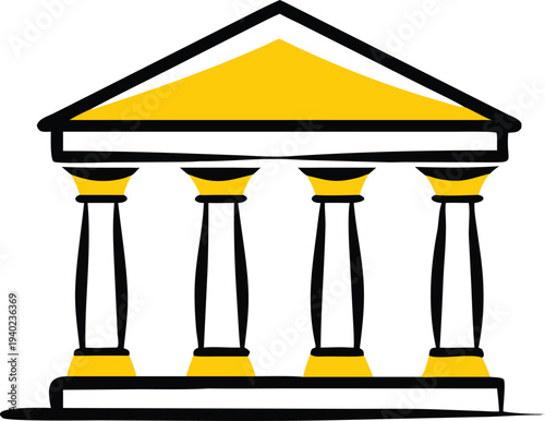 Classical greek temple with four columns and yellow roof outline vector illustration