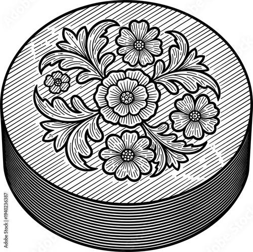 Circular Engraved Metal Disk With Floral Swirls Design and Hatching Texture