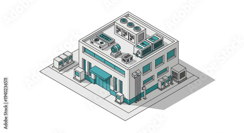Isometric building with rooftop units and surrounding elements.