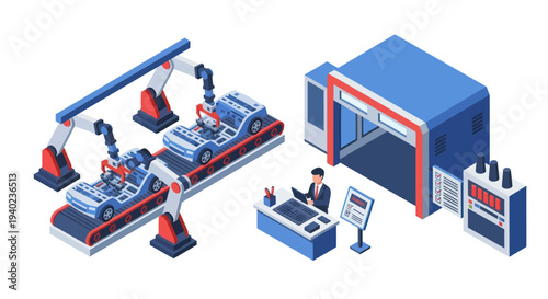 Isometric Car Manufacturing Assembly Line with Robotic Arms and Control Station.