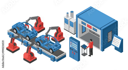Isometric Car Manufacturing Assembly Line with Robotic Arms and Human Worker.