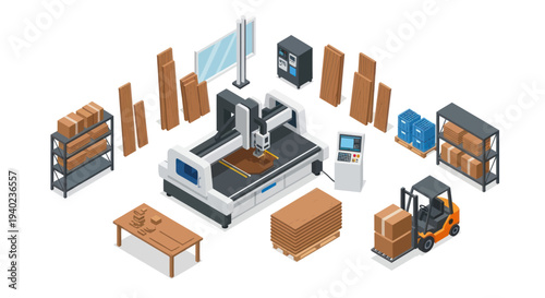 Isometric CNC Machine and Woodworking Workshop Setup.