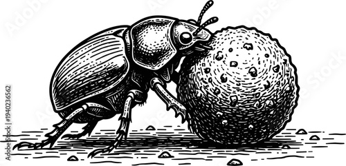 Detailed Beetle Pushing A Ball Of Dirt On A Textured Ground