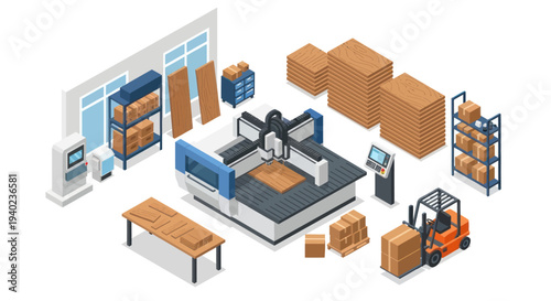Isometric CNC Woodworking Machine with Forklift and Warehouse Elements.