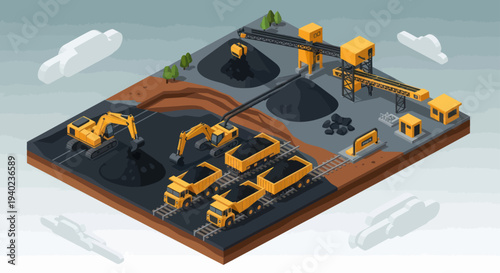 Isometric Coal Mining Operation with Heavy Machinery and Conveyor Belts.