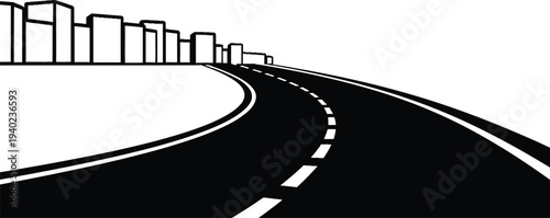 A black and white illustration of a road leading to a city skyline