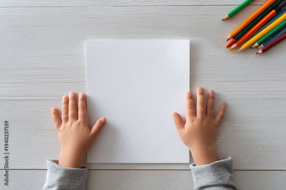 Obraz premium Minimalist Top View Child Hands Holding White Paper Sheet Mockup