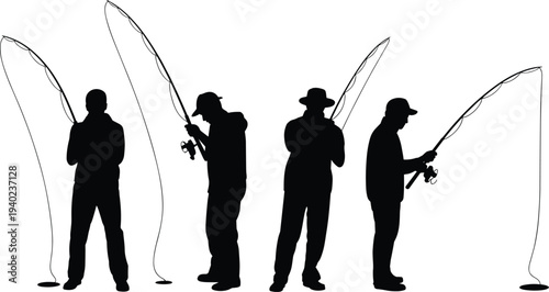 Vector silhouette illustration set of four men fishing with rods and reels in various poses isolated on a white background.