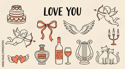 Valentine's Day symbols and objects, including hearts, cupid, cake, wine, and gifts, for romantic occasions and expressions of love and affection in various styles and settings.