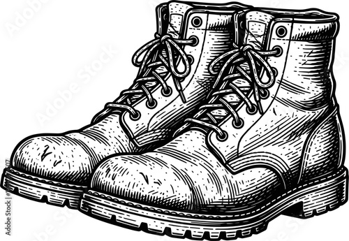 Detailed Sketch Of Two Vintage Work Boots With Laces And Thick Soles In Black And White