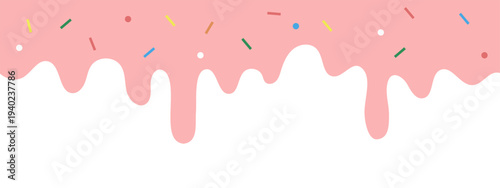 Strawberry sauce with sprinkles ice cream toppings Pink liquid with multicolor sugar sprinkles dripping on transparent background  Vector Illustration.