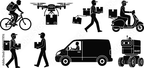 Silhouette icons of modern delivery methods including bicycle courier, drone transport, scooter rider, walking delivery, van, robotic vehicle innovation