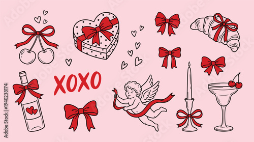 Valentine's Day icons and symbols, including hearts, gifts, and romantic objects, on a pink background with red bows and XOXO, perfect for love and affection concepts.