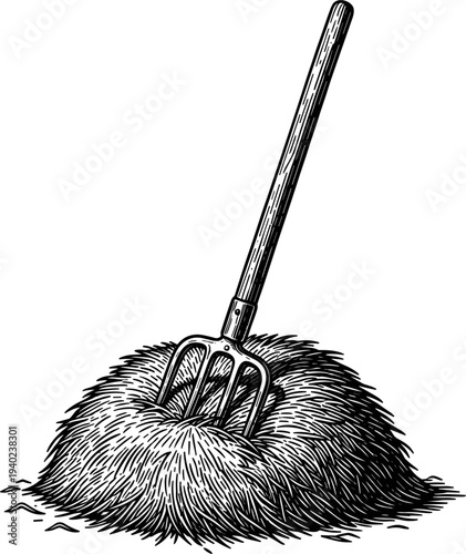 Pitchfork Stuck In A Haystack Vintage Farm Illustration Black And White