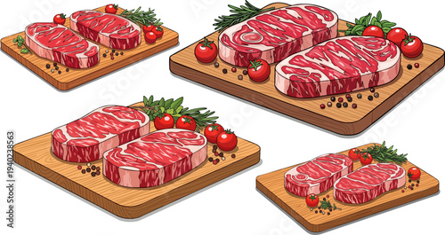 Set of Four Vector Illustrations Featuring Raw Red Meat Steaks on Wooden Cutting Boards with Tomatoes and Herbs, Ideal for Butcher Shops, Restaurants