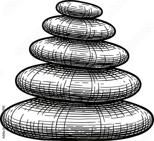 Stacked Zen Stones Balanced For Meditation And Serenity With Hatching Line Art