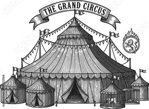 The Grand Circus Tent and Tents Under Bunting Flags and Sunburst Emblem Illustration
