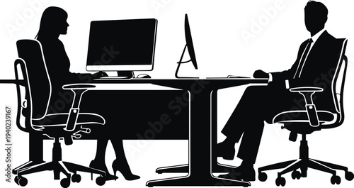 Business meeting silhouettes at office desk, man and woman working on computer, corporate workplace discussion vector illustration