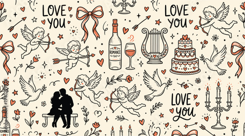Valentine's Day seamless pattern with love symbols, hearts, and romantic icons in black and red on cream background, perfect for festive designs and decorations.