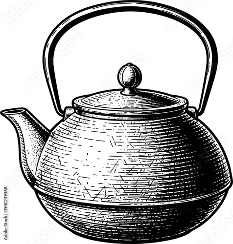 Vintage Black And White Kettle Drawing With Handle And Spout
