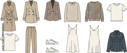 Capsule wardrobe fashion collection featuring trench coat, blazers, sweaters, t‑shirts, trousers, sneakers, slip dresses, 