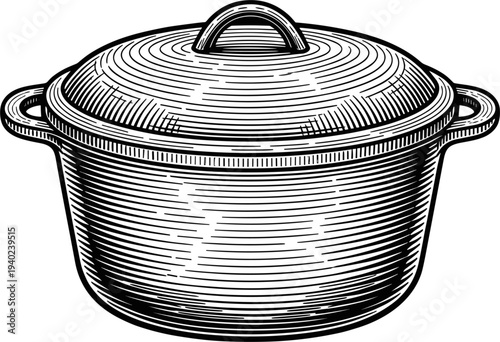 Vintage Cast Iron Pot with Lid and Handles Engraved Line Art