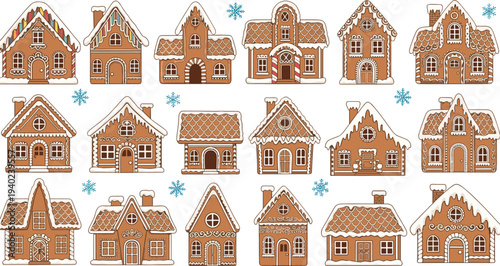 Collection of eighteen gingerbread houses decorated with icing, candy canes, gumdrops, and snow frosting, festive Christmas illustration with winter snowflakes for holiday design concepts