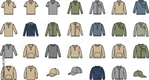 Grid of 30 casual clothing items including polo shirts, button‑ups, sweaters, hoodies, and caps, versatile apparel silhouettes for fashion design, retail, and wardrobe concepts