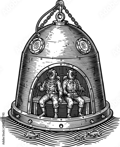 Vintage Diving Bell Submersible with Two Divers Underwater Scene Black and White Illustration