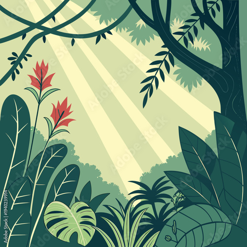 Lush rainforest canopy with sunlight beams, vector illustration 2