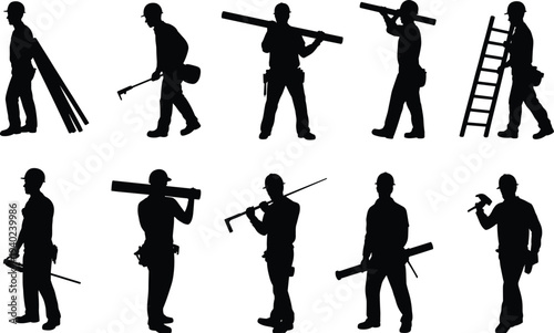 Construction worker silhouettes carrying ladder pipes tools, builder laborer set, industrial construction workers collection isolated black silhouette engineering concept