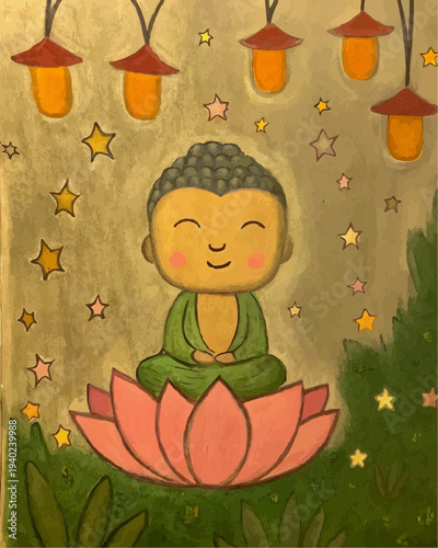 Cute Kawaii Baby Buddha Sitting on Lotus Flower Vesak Day Vector Illustration