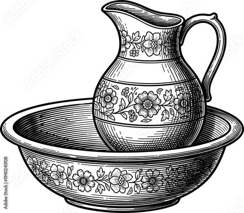Vintage Floral Pitcher And Wash Basin With Intricate Floral Pattern Black And White