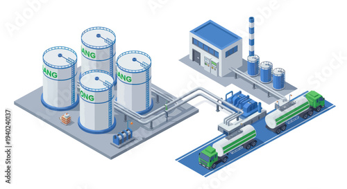 Biogas production plant with storage tanks and transportation.