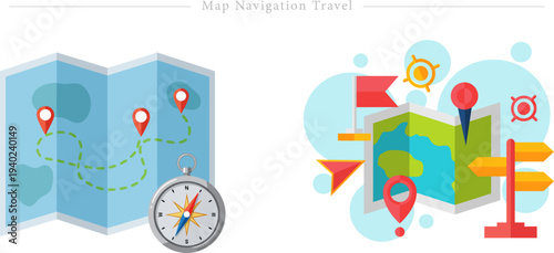 Map Navigation Travel Flat Vector Compass Route Planning Illustration
