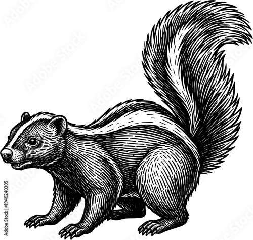 Vintage Illustration Of A Skunk With Striped Fur And Bushy Tail On A White Background