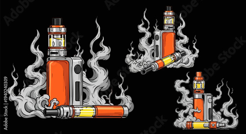 Set of 3 orange and silver vape devices with smoke, featuring e-cigarettes and vaporizers in a dynamic vector illustration style, ideal for vaping culture designs, banners, and merchandise.