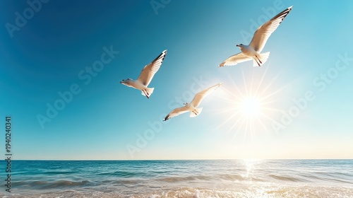 Three elegant seagulls soar gracefully over a serene ocean, bathed in the warm golden tones of a breathtaking sunset radiating pure tranquility and freedom.