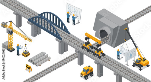 Construction of elevated railway bridge and tunnel with cranes and workers.