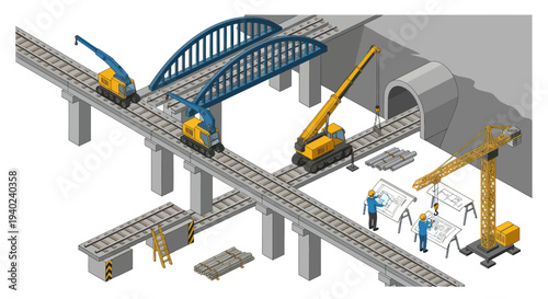 Construction of railway bridge and tunnel with heavy machinery and workers.