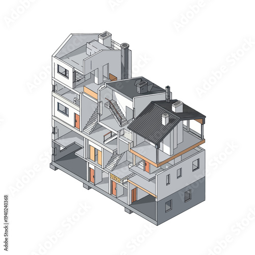 Detailed Cross-Sectional View of a Multi-Story Residential Building.