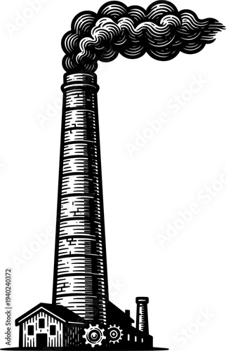 Vintage Industrial Chimney Emitting Smoke Against White Background Engraving Style