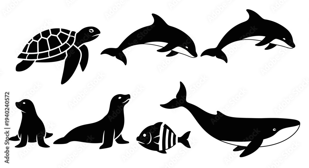 Obraz premium Marine Animals Silhouettes Collection - Sea Turtle, Dolphins, Whale, Seals, Fish Vector Set