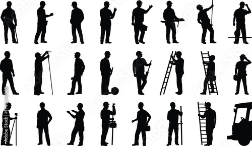 Construction worker silhouettes collection with tools ladder equipment, builder laborer set industrial construction workforce isolated black silhouette