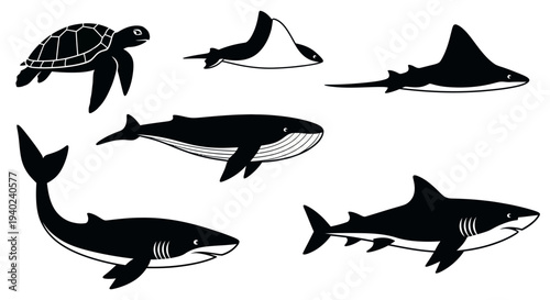 Marine Animals Silhouette Set: Turtle, Whale, Sharks, and Manta Ray Illustration