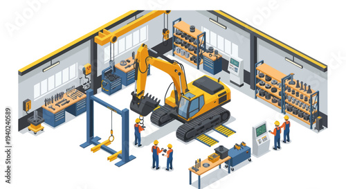 Excavator Repair Workshop with Mechanics Working on Heavy Machinery.