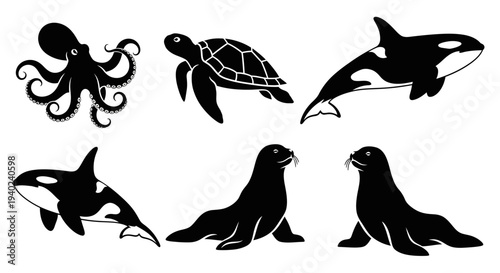 Marine Animals Silhouettes Collection: Octopus, Sea Turtle, Orca, and Sea Lion Vector Icons